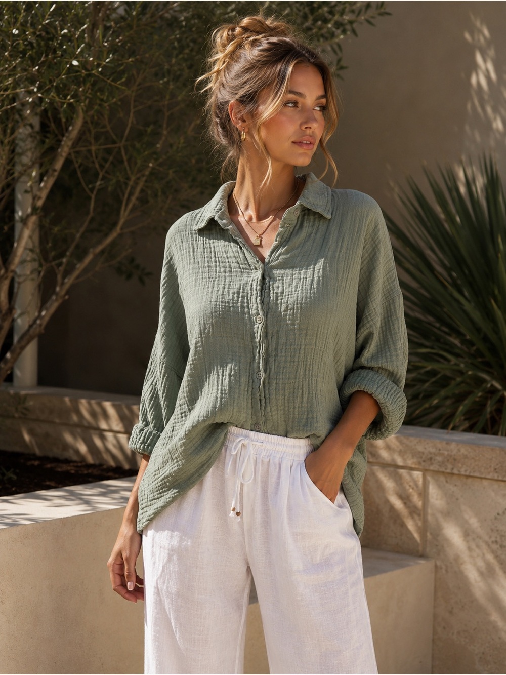 ICHI Sage Green Cotton Gauze Oversized Button Up Shirt Size L - Picture 1 of 5